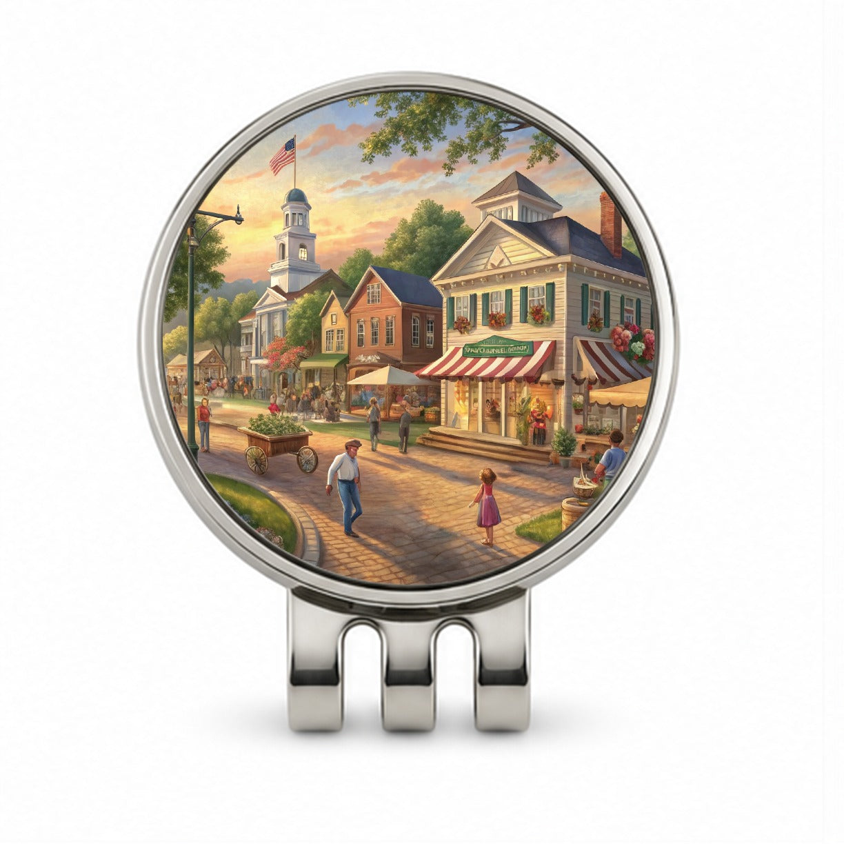 Small Town Americana Scene Golf Hat Clip with Ball Marker