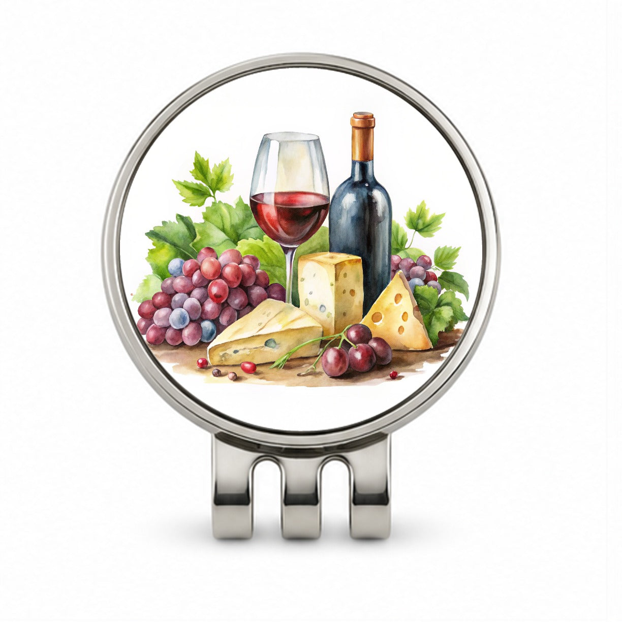 Wine Cheese Grapes Watercolor Golf Hat Clip with Ball Marker