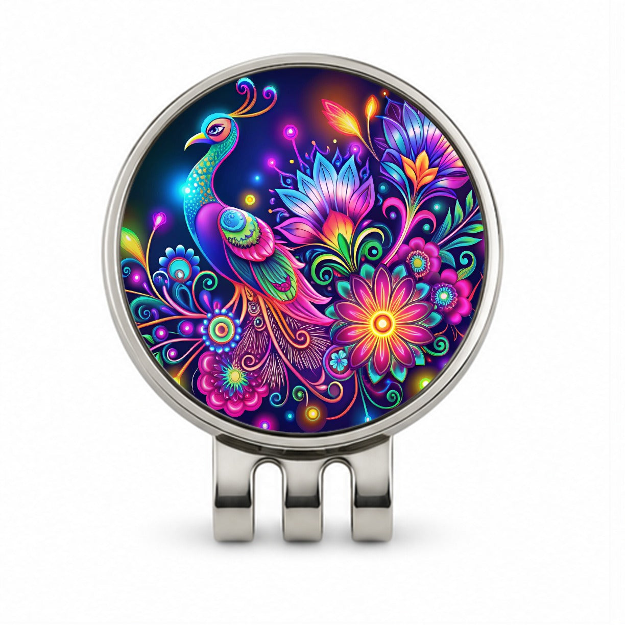 Abstract Neon Peacock Floral Design Golf Hat Clip with Ball Marker