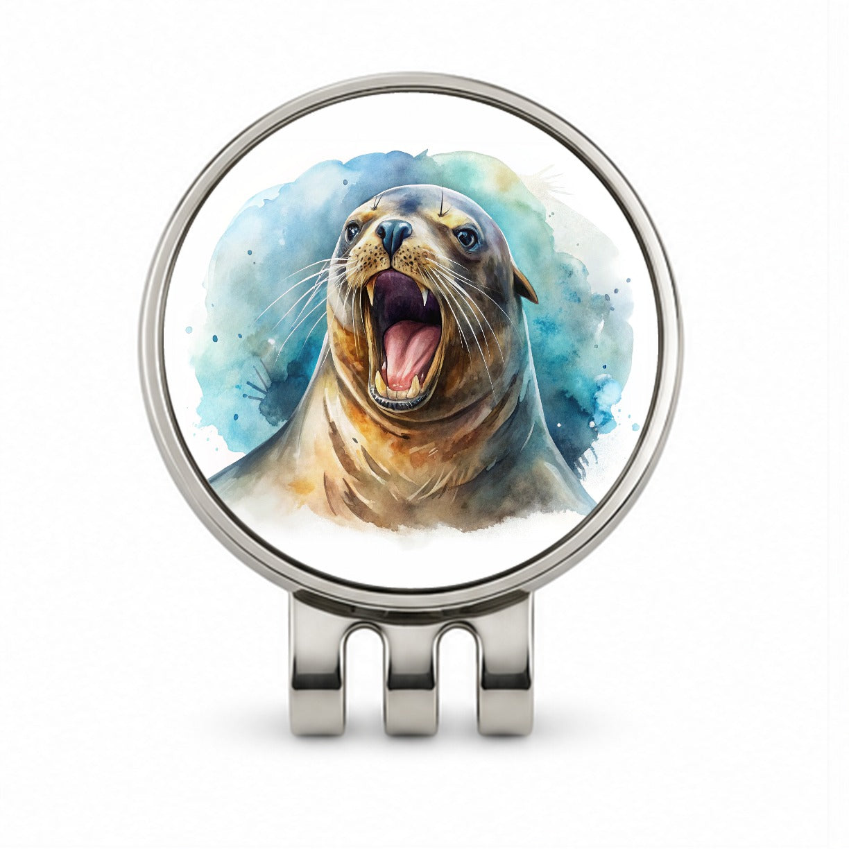 Angry Sea Lion Watercolor Golf Hat Clip with Ball Marker
