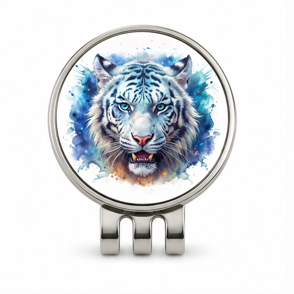 Angry White Tiger Watercolor Golf Hat Clip with Ball Marker