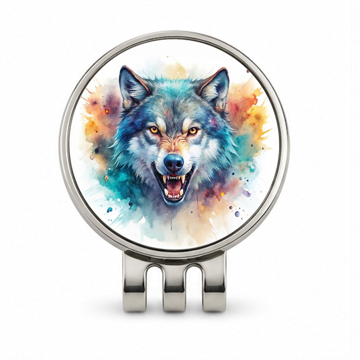 Angry Wolf Watercolor Golf Hat Clip with Ball Marker