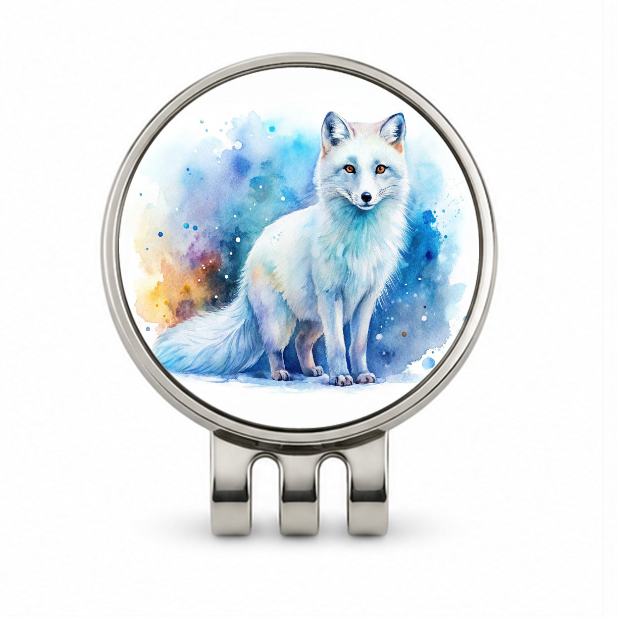 Arctic Fox Watercolor Golf Hat Clip with Ball Marker