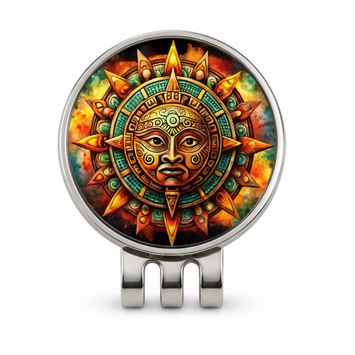 Aztec Sun God Symbol Watercolor Golf Hat Clip with Ball Marker