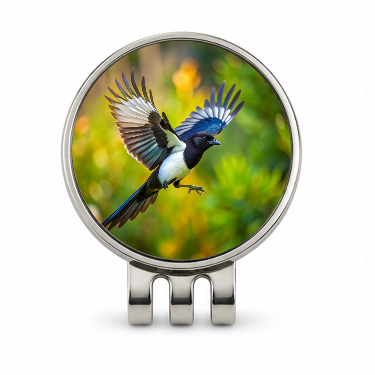 Black Billed Magpie Flying Backyard Bird Golf Hat Clip with Ball Marker