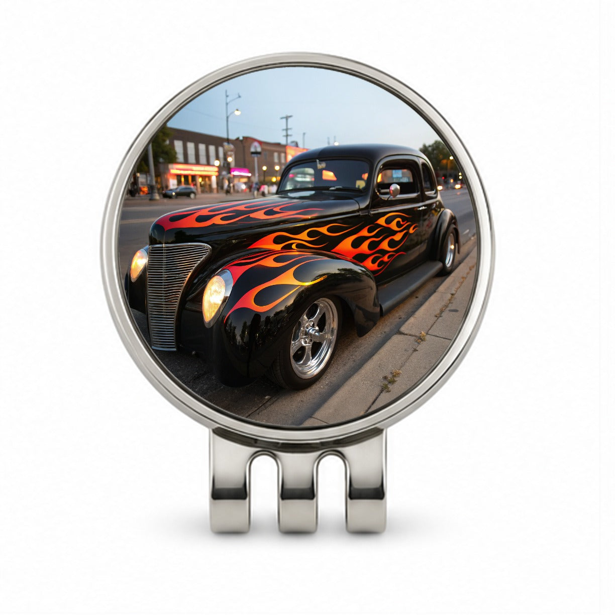 Black Hot Rod Classic Car With Flames Golf Hat Clip with Ball Marker