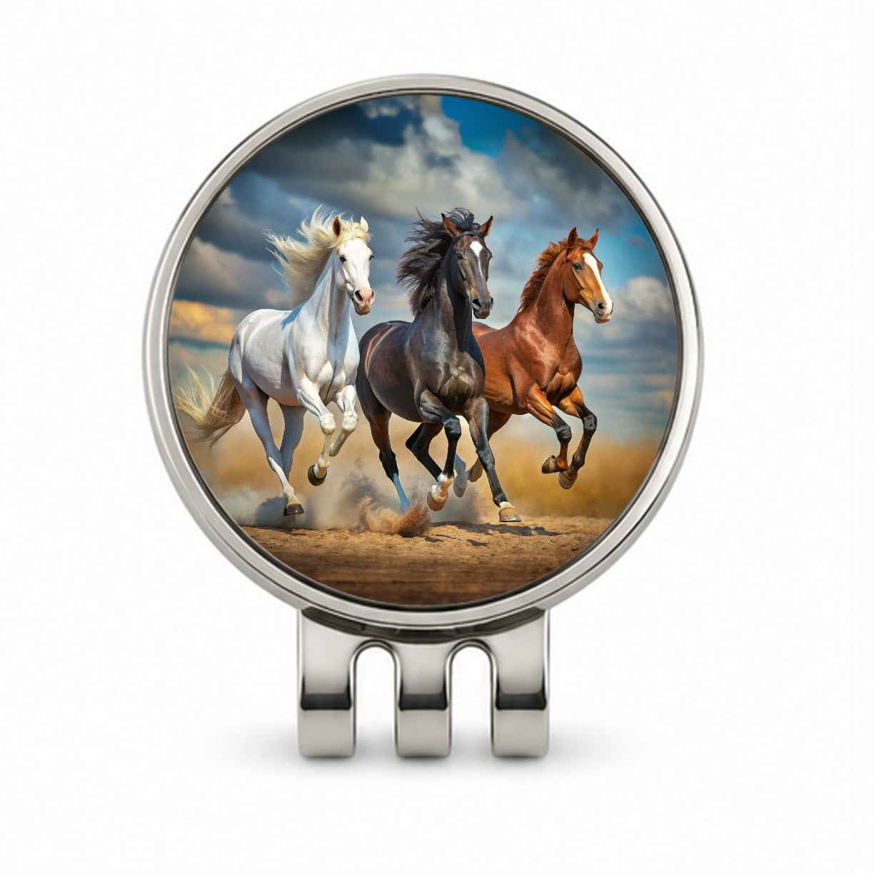 Black White and Brown Horses Galloping Golf Hat Clip with Ball Marker