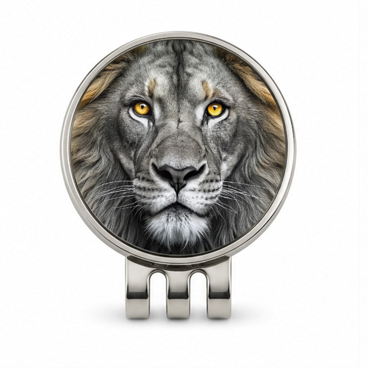 Black White Lion's Face with Gold Eyes Golf Hat Clip with Ball Marker