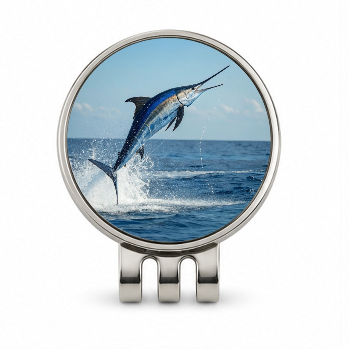 Blue Marlin Fish Leaping Out Of Water Golf Hat Clip with Ball Marker