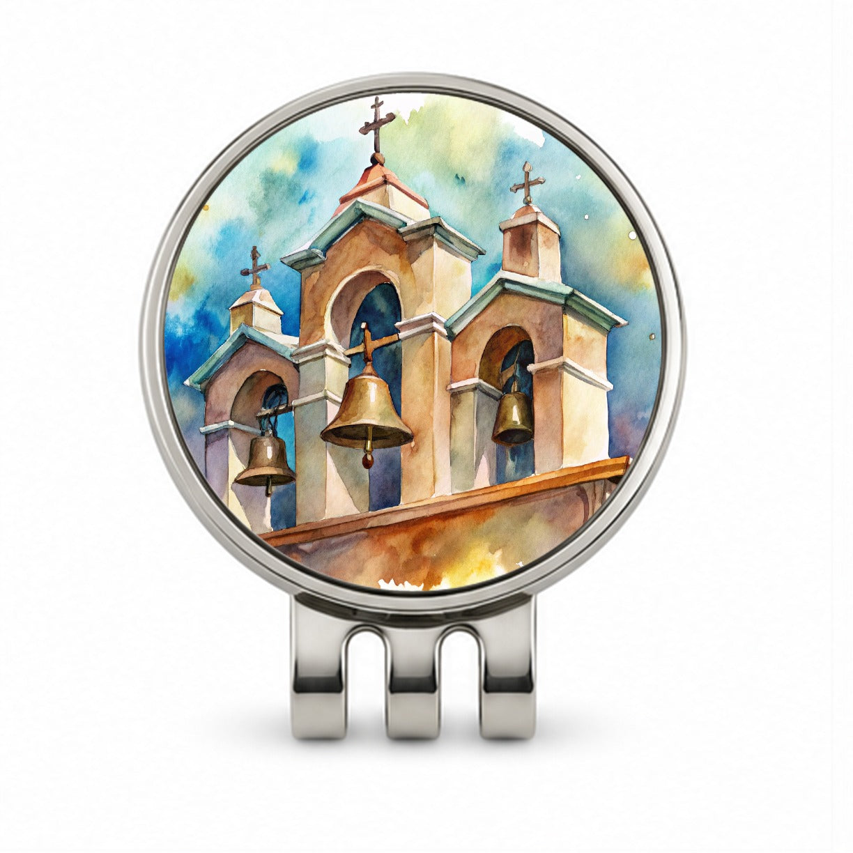 Church Mission Bells Watercolor Golf Hat Clip with Ball Marker