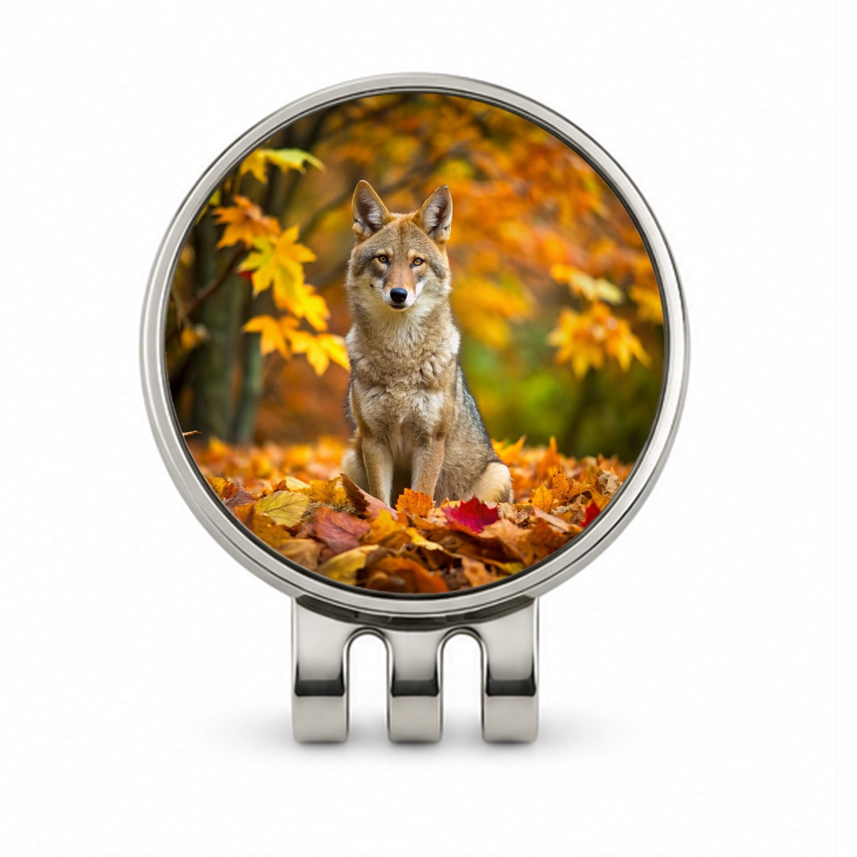 Coyote Sitting In The Fall Leaves Golf Hat Clip with Ball Marker