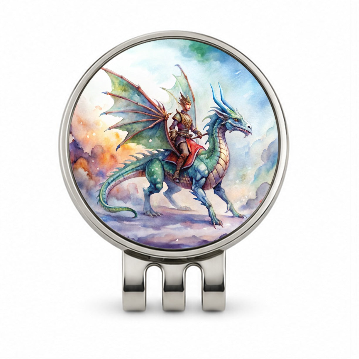 Dragon Rider Watercolor Golf Hat Clip with Ball Marker