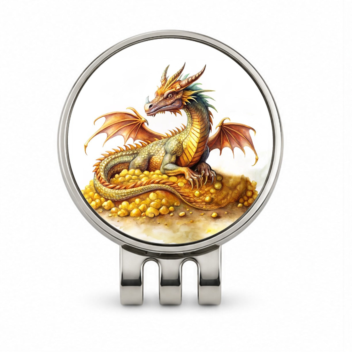 Fantasy Dragon and Gold Horde Watercolor Golf Hat Clip with Ball Marker
