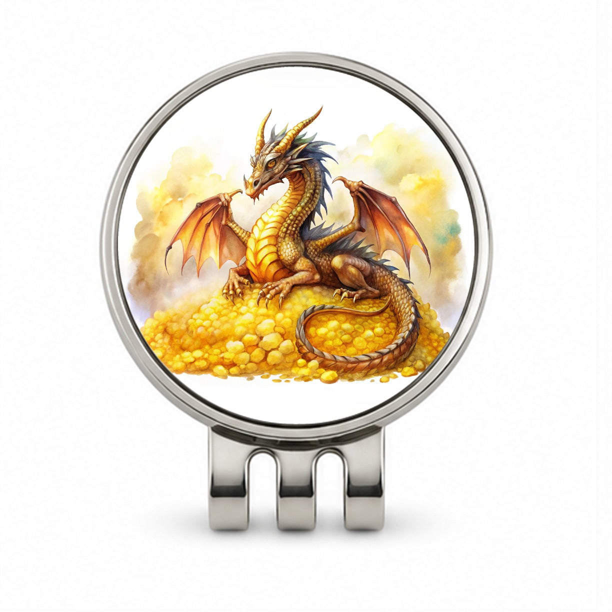Fantasy Dragon Laying on Gold Watercolor Golf Hat Clip with Ball Marker