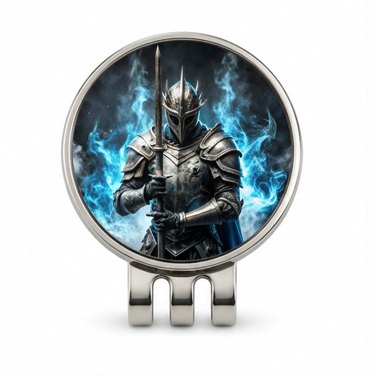 Fantasy Warrior Knight Blue Flames Golf Hat Clip with Ball Marker