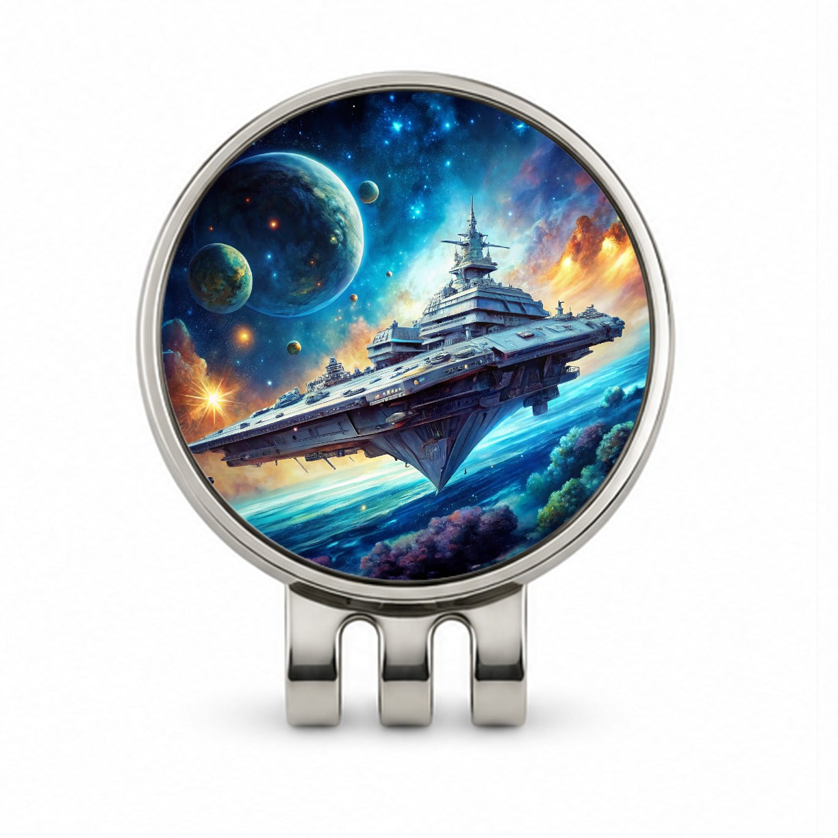 Giant Sci-Fi Warship In Space Watercolor Golf Hat Clip with Ball Marker