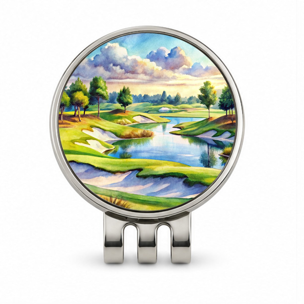 Golf Course With Sand Traps And Lake Watercolor Golf Hat Clip with Ball Marker