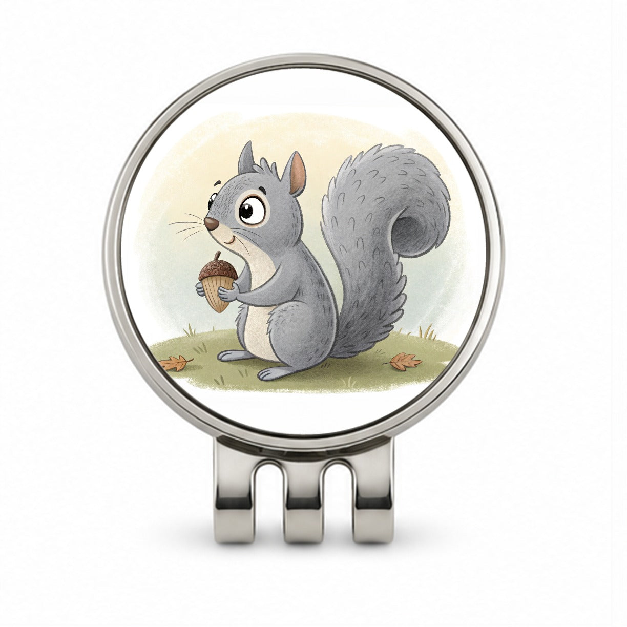 Gray Squirrel Children's Illustration Style Golf Hat Clip with Ball Marker