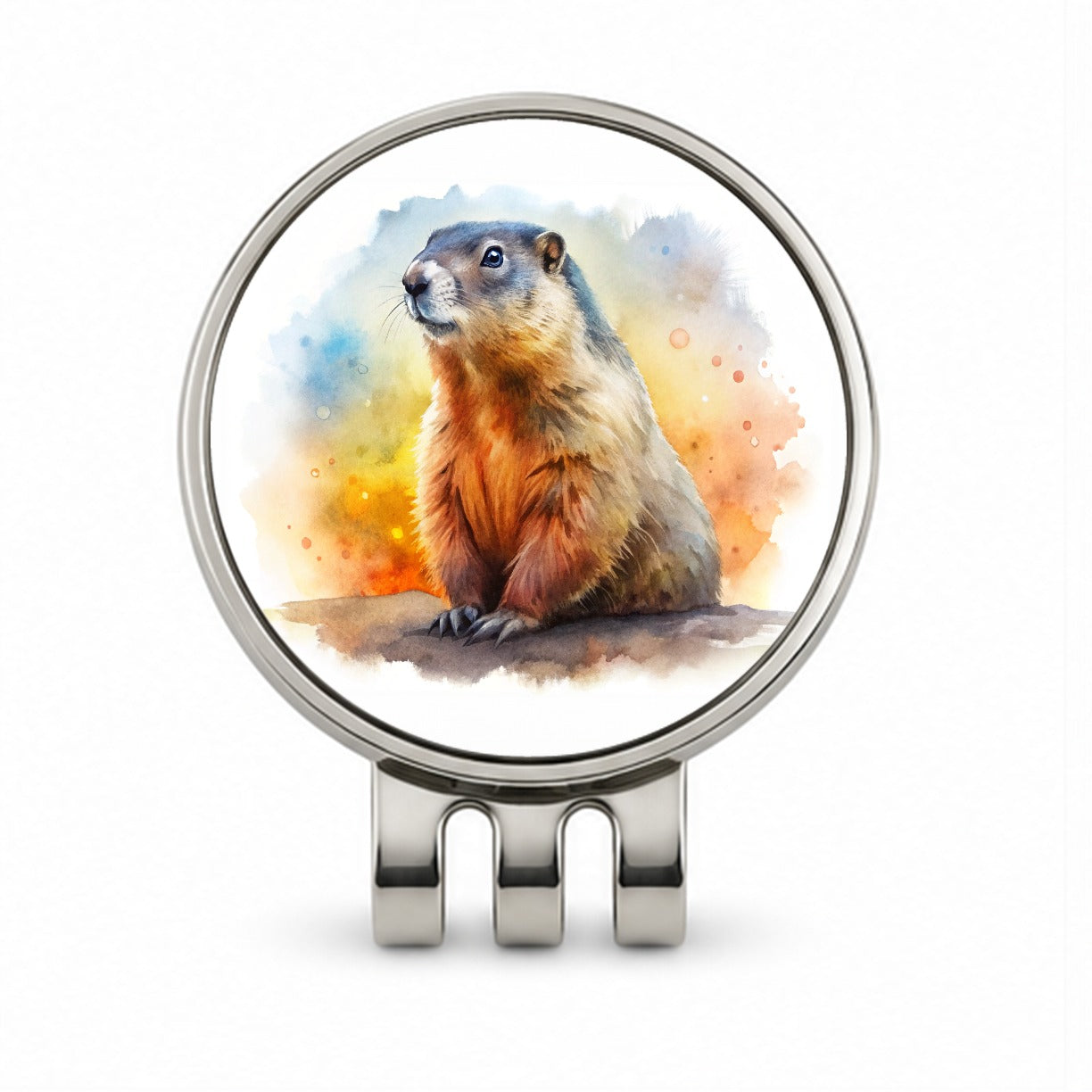 Groundhog Watercolor Golf Hat Clip with Ball Marker
