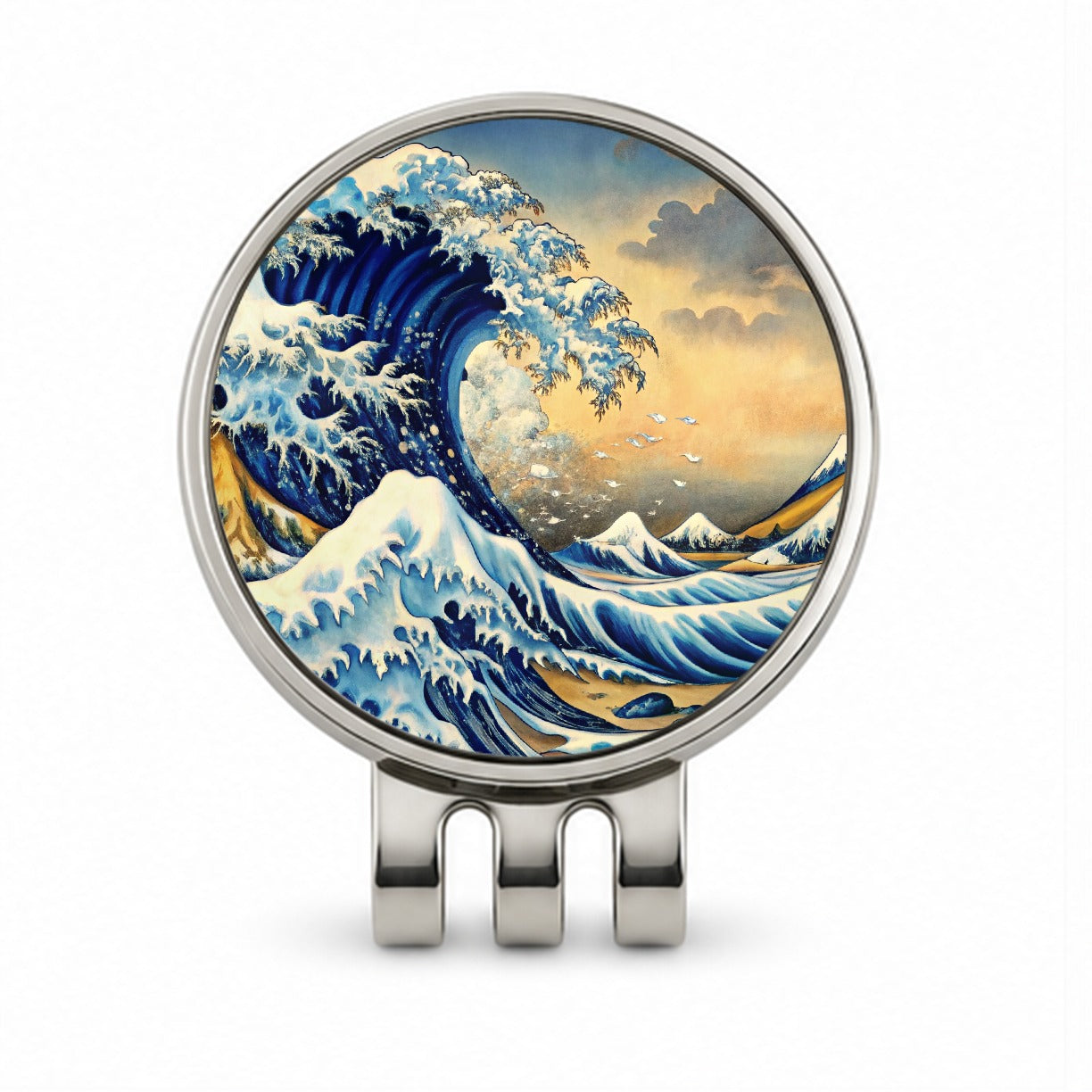 Japanese Blue Ocean Waves Ink Painting Golf Hat Clip with Ball Marker