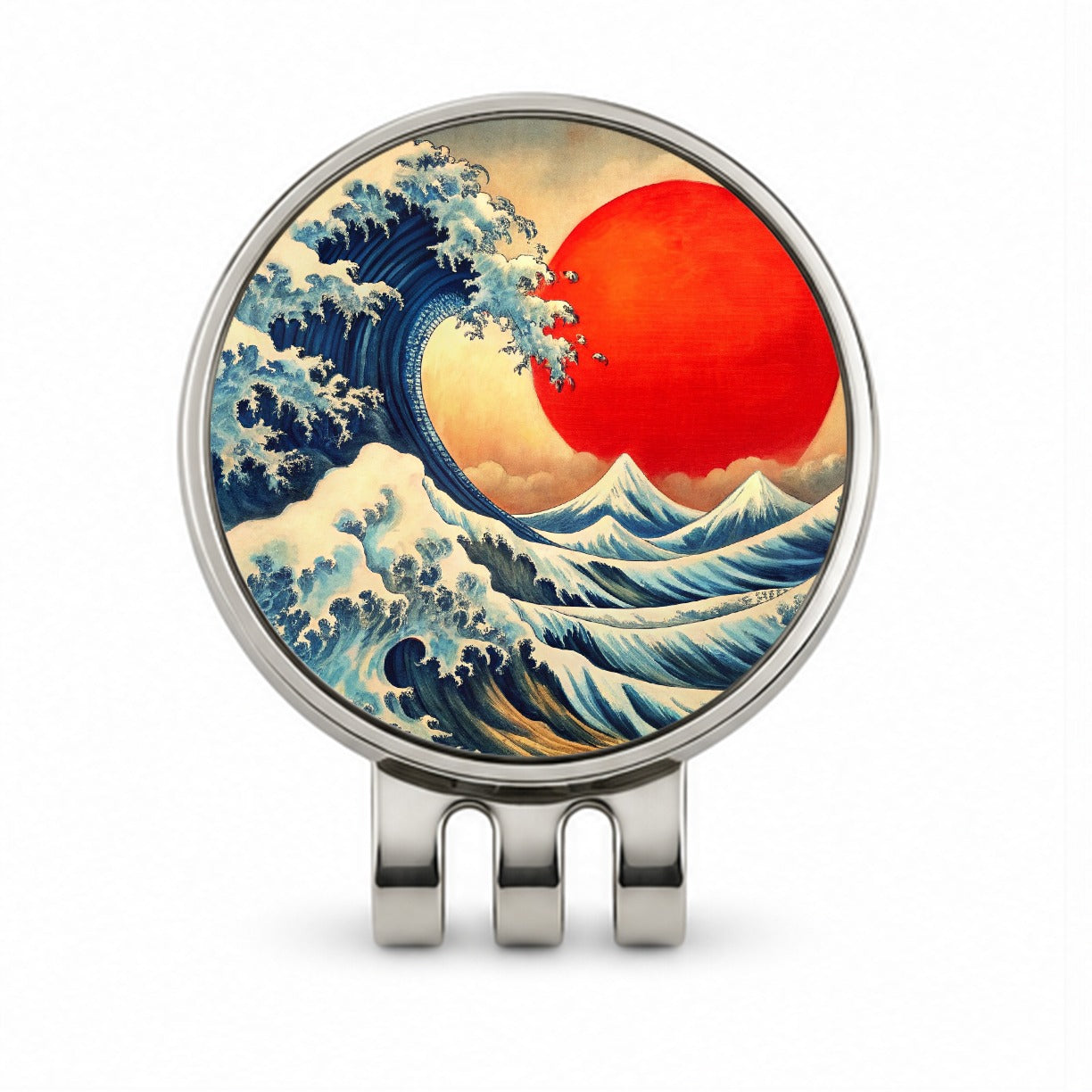 Japanese Blue Ocean Waves Large Red Sun Ink Painting Golf Hat Clip with Ball Marker