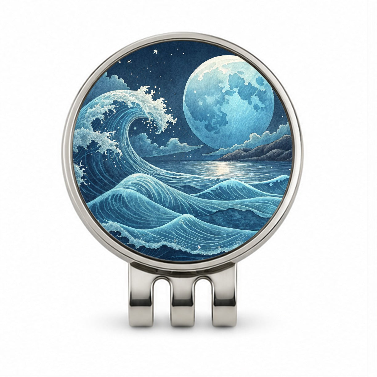 Japanese Ocean Waves Under Large Moon Golf Hat Clip with Ball Marker