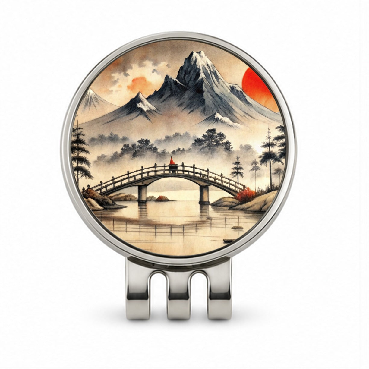 Japanese Style Ink Painting Bridge Over Water Landscape Golf Hat Clip with Ball Marker