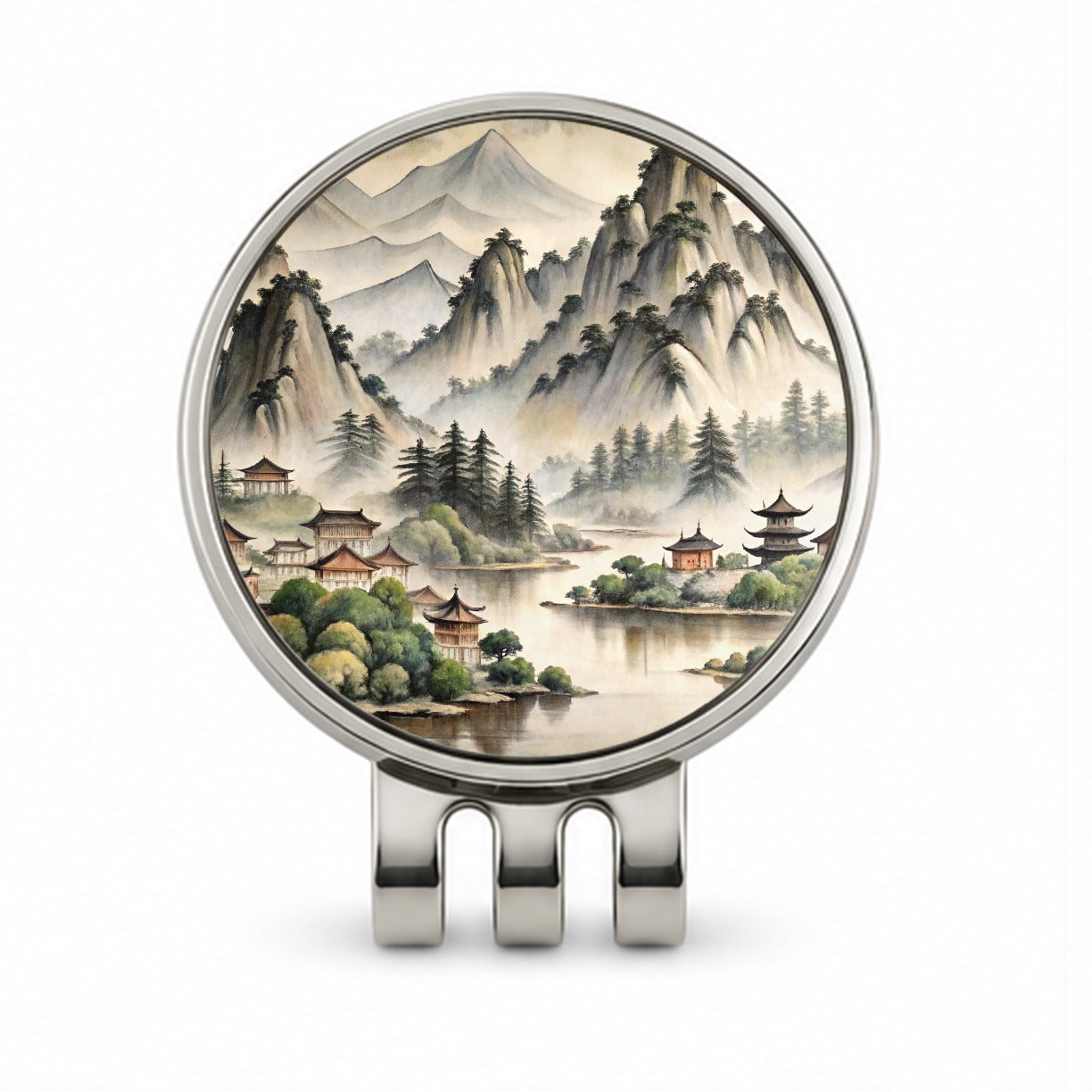 Japanese Style Ink Painting Lake and Mountains Landscape Golf Hat Clip with Ball Marker