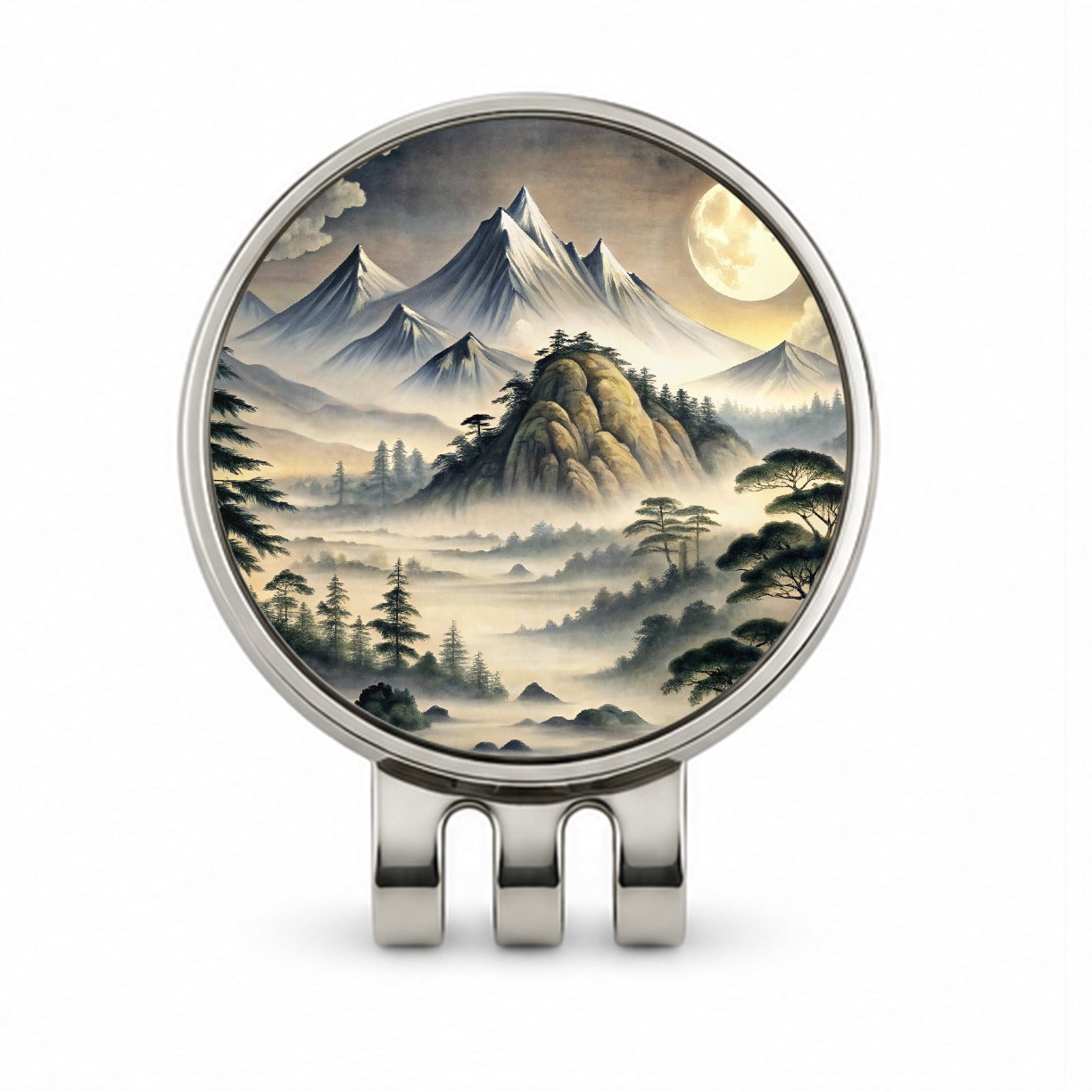 Japanese Style Ink Painting Landscape Misty Mountains Large Moon Golf Hat Clip with Ball Marker