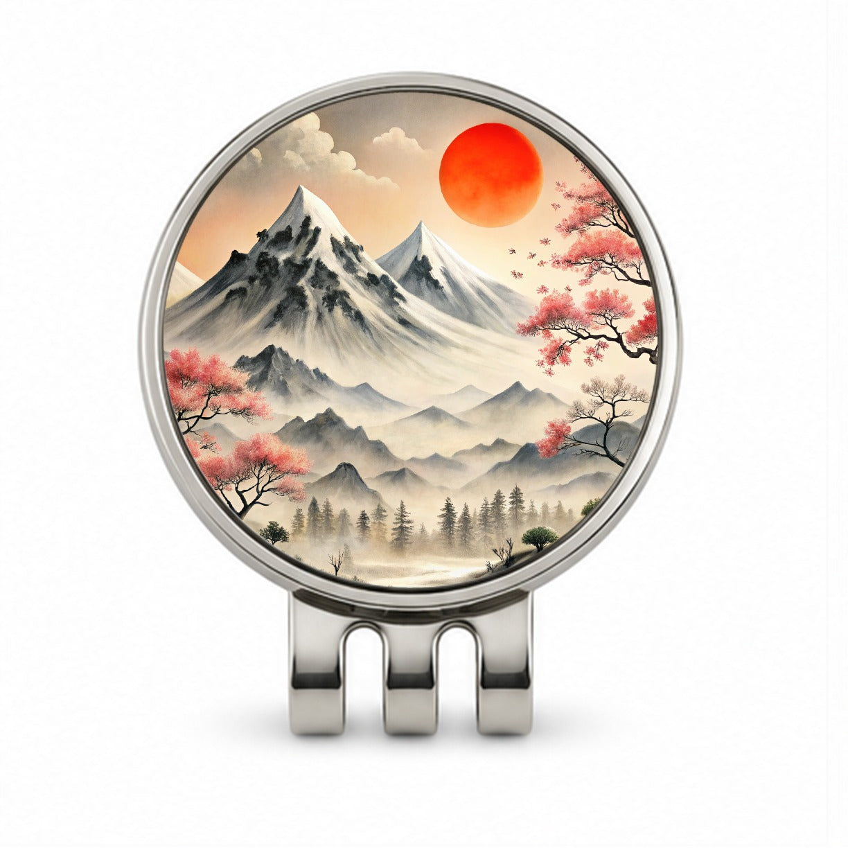 Japanese Style Ink Painting Landscape Mountains Under Red Sun Golf Hat Clip with Ball Marker