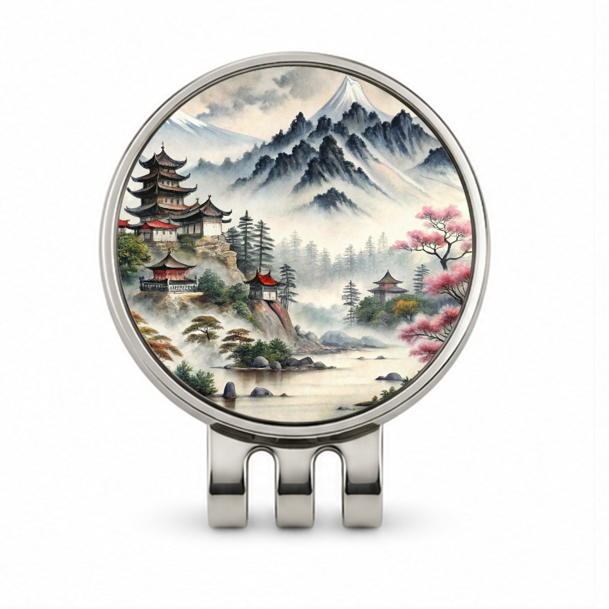 Japanese Style Ink Painting Mountain Landscape Golf Hat Clip with Ball Marker