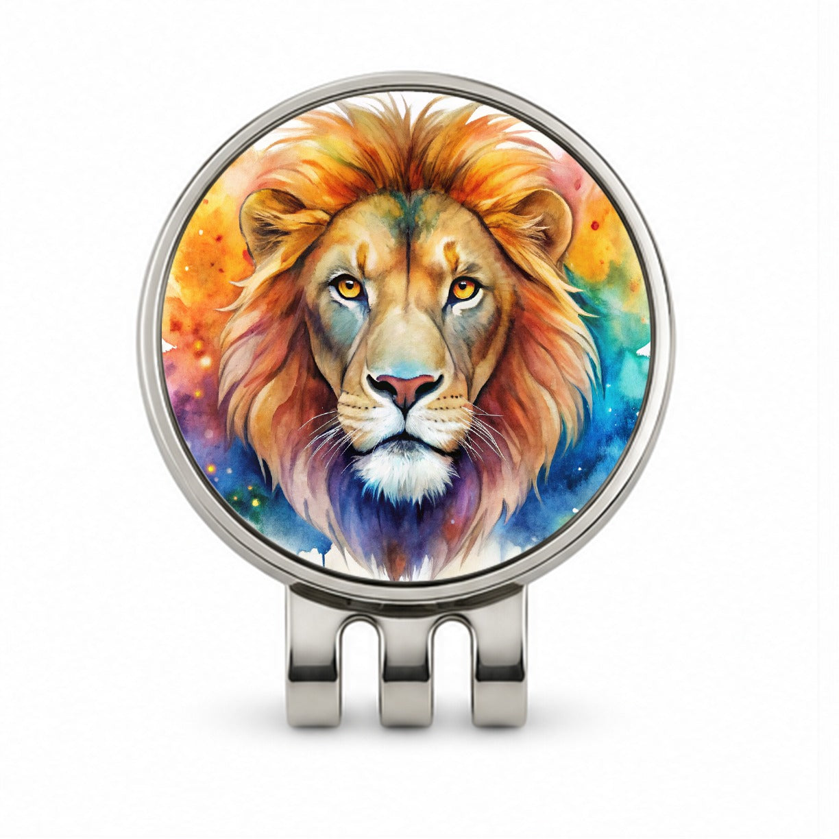 Lion Face Watercolor Golf Hat Clip with Ball Marker