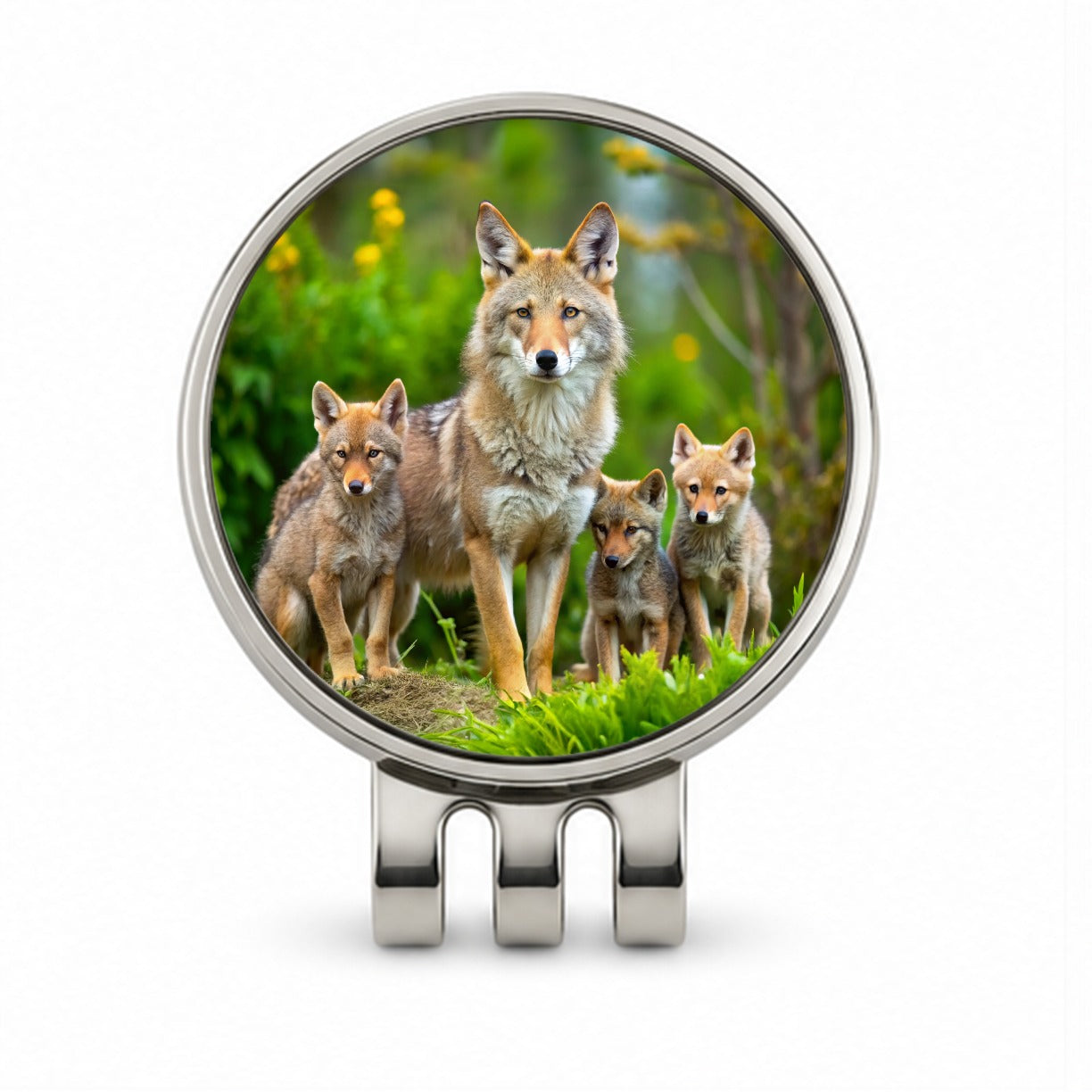 Mother Coyote And Pups Golf Hat Clip with Ball Marker