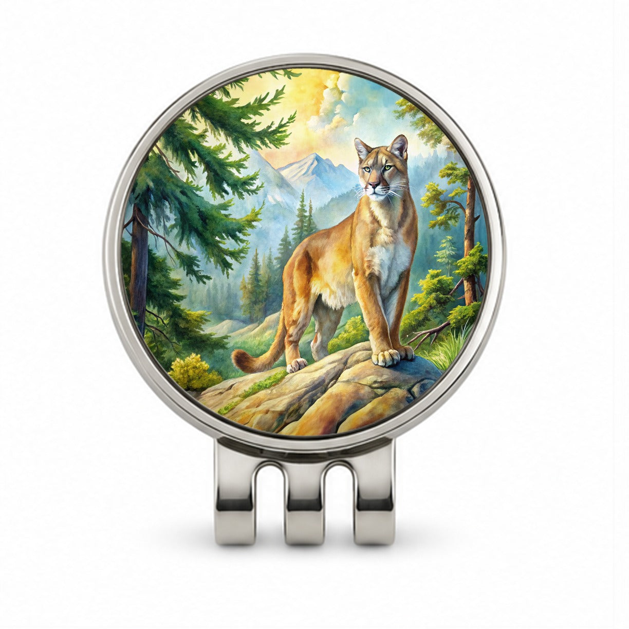 Mountain Lion Cougar In Woods Watercolor Golf Hat Clip with Ball Marker