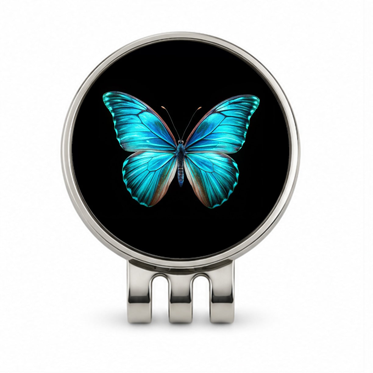 Neon Blue Teal Butterfly Golf Hat Clip with Ball Marker