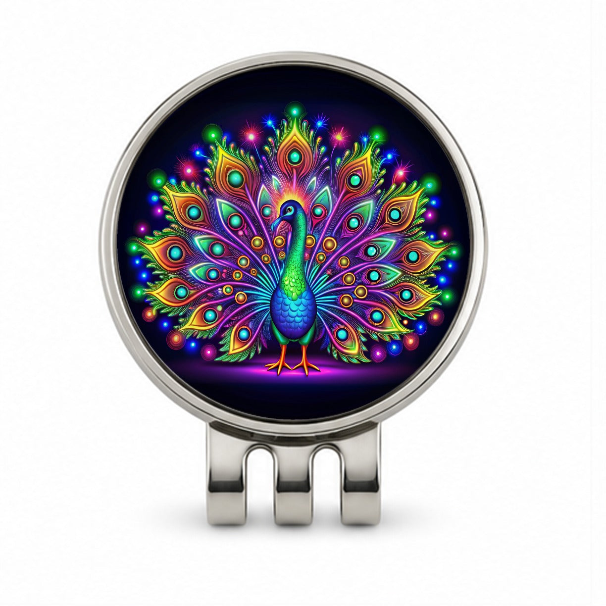 Neon Peacock Golf Hat Clip with Ball Marker