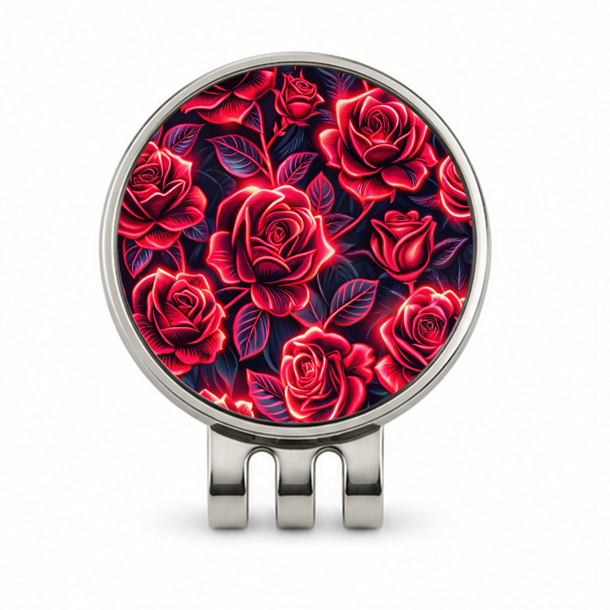 Neon Red Rose Floral Pattern Golf Hat Clip with Ball Marker