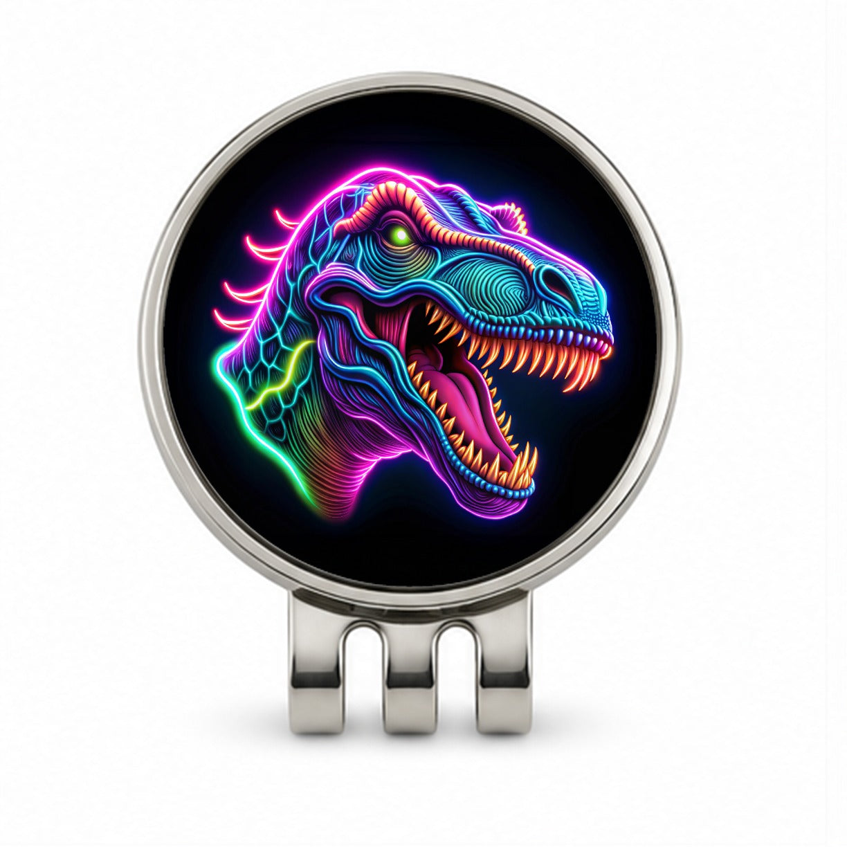 Neon T-Rex Dinosaur Head Golf Hat Clip with Ball Marker