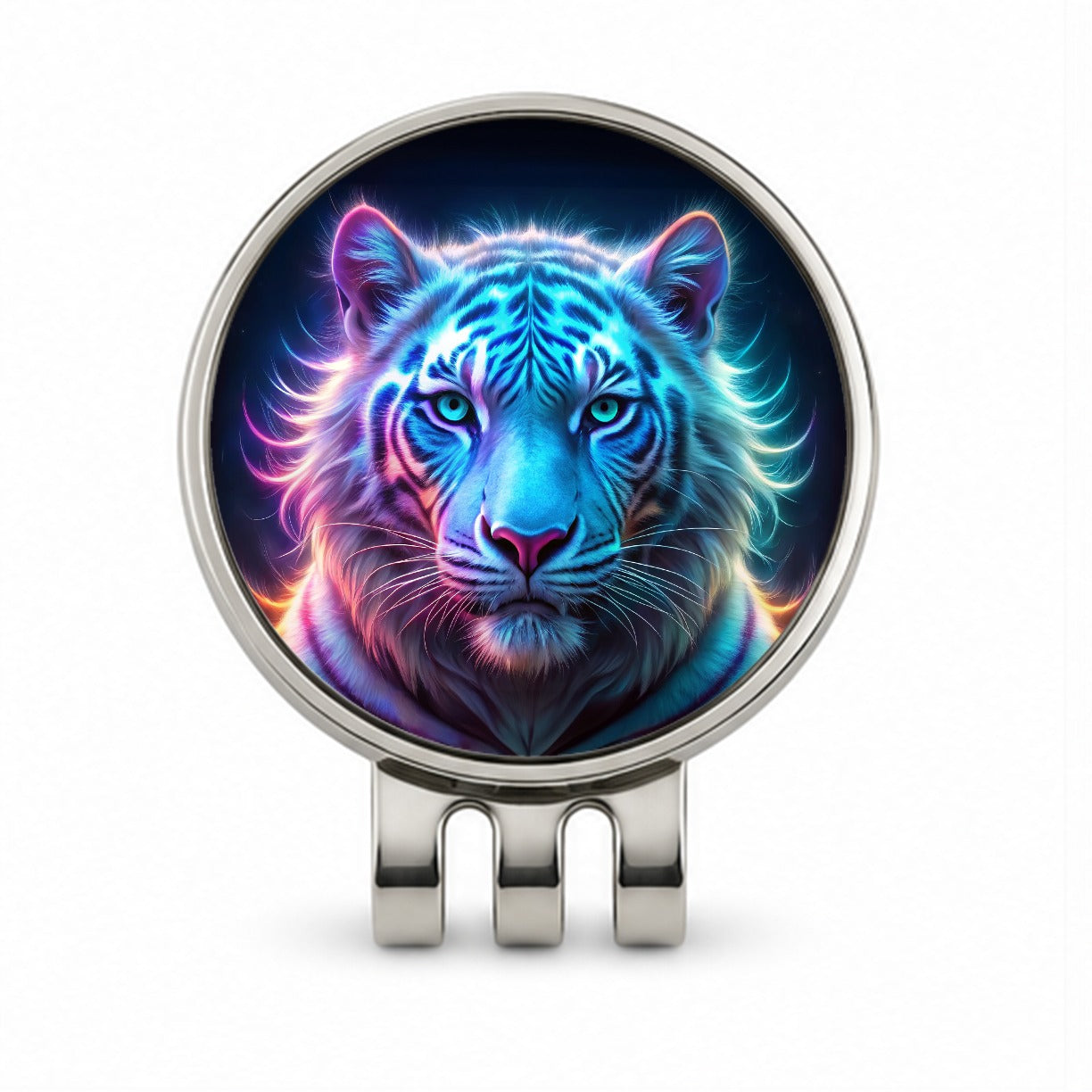 Neon White Tiger Face Golf Hat Clip with Ball Marker