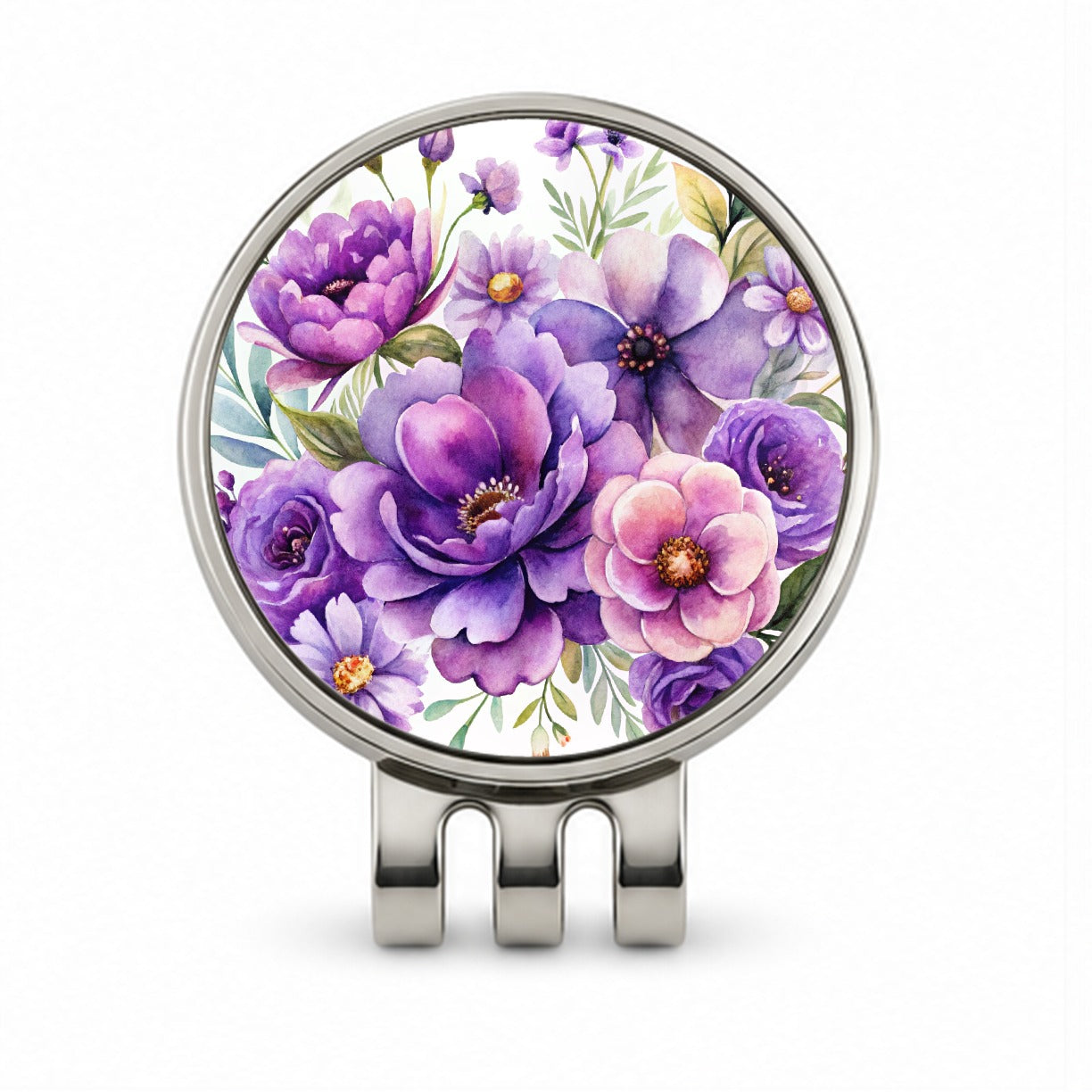 Purple Watercolor Flowers Golf Hat Clip with Ball Marker