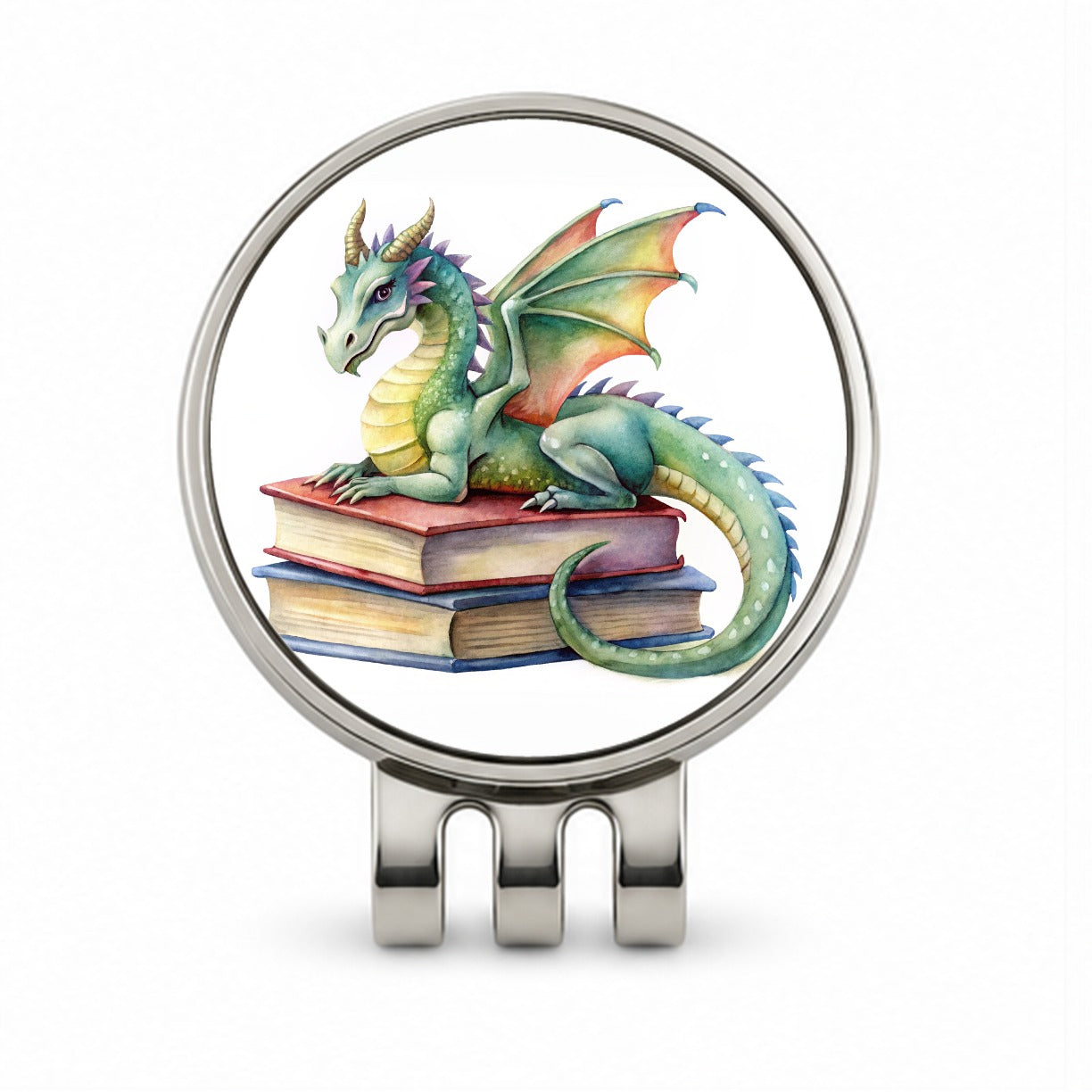 Reading Dragon Laying On Top Books Watercolor Golf Hat Clip with Ball Marker