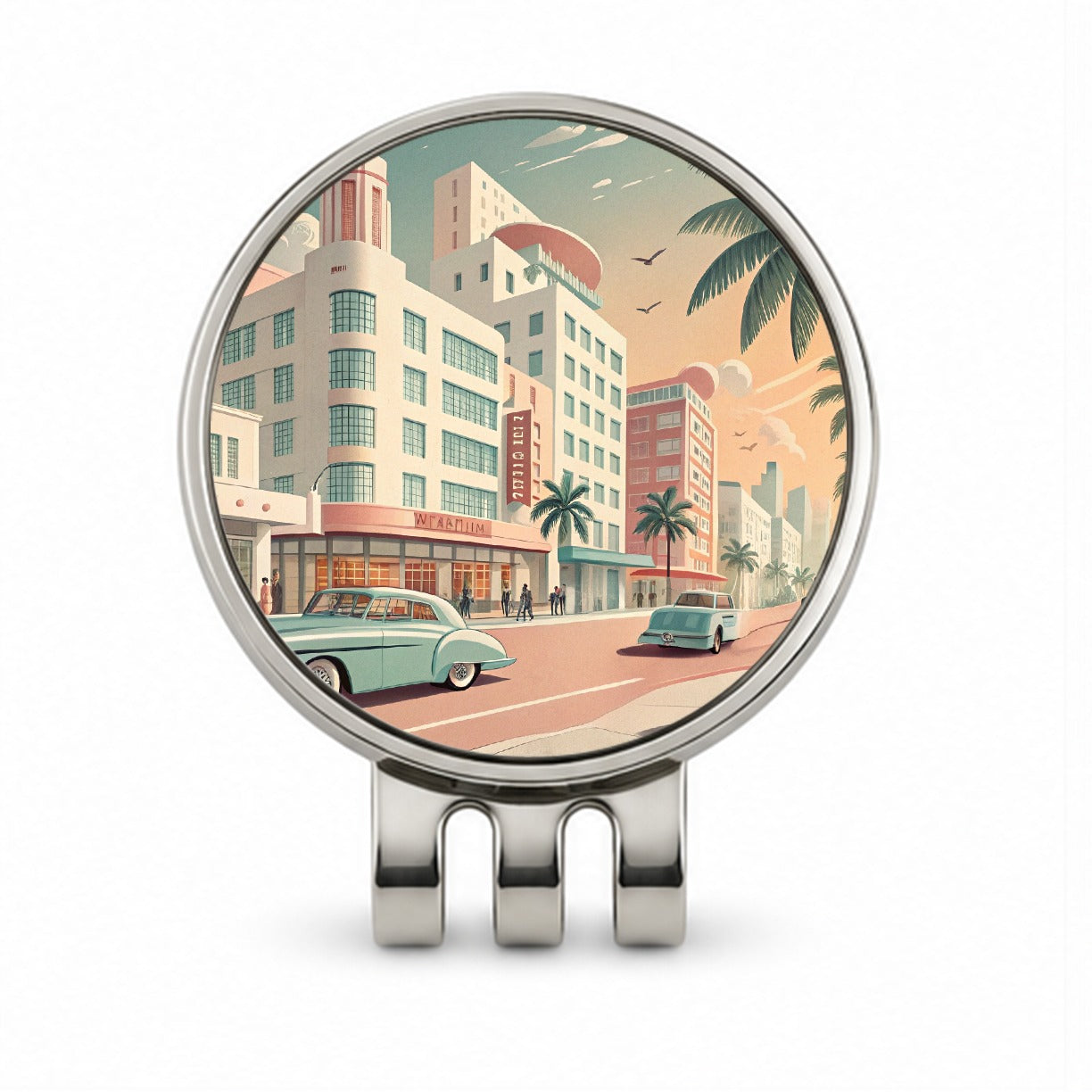 Retro Mid-Century Pastel Cityscape Golf Hat Clip with Ball Marker