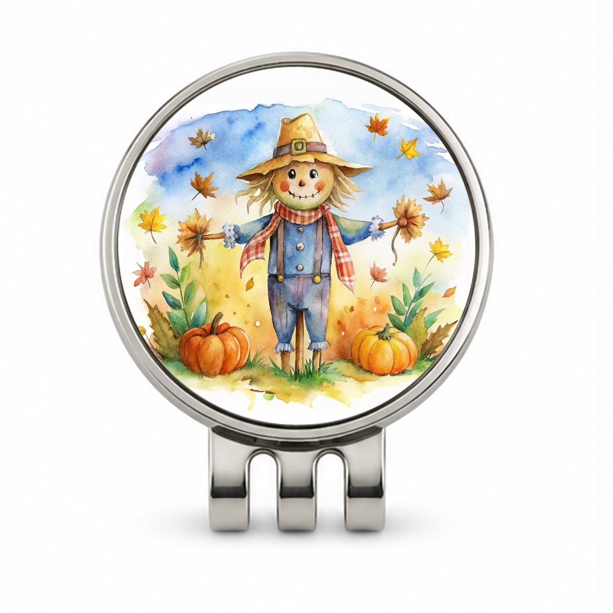 Scarecrow and Pumpkins Fall Watercolor Golf Hat Clip with Ball Marker