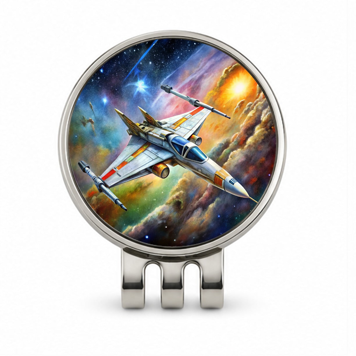 Sci-fi Starfighter Spaceship on Patrol Golf Hat Clip with Ball Marker