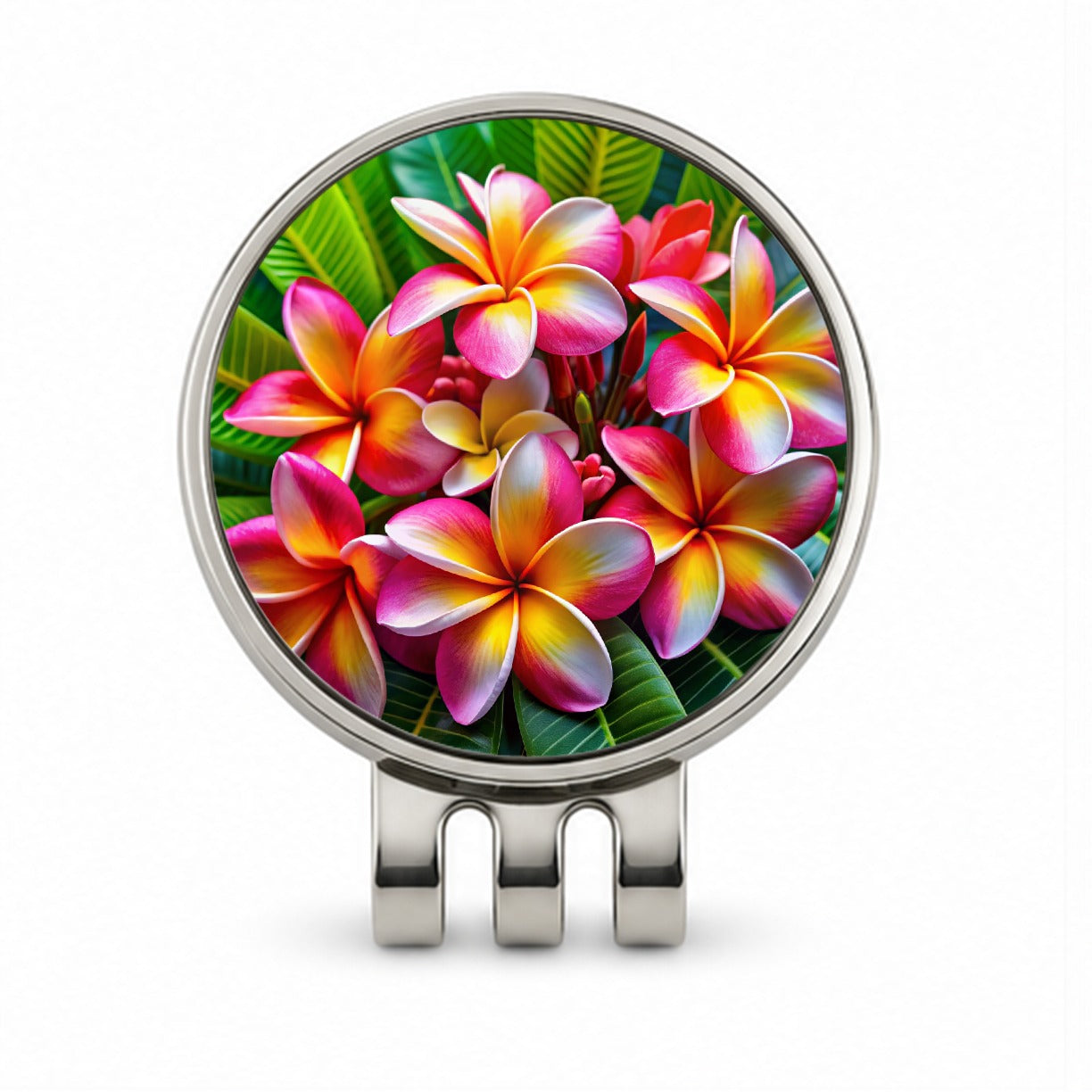 Tropical Pink Yellow Plumeria Flowers Golf Hat Clip with Ball Marker