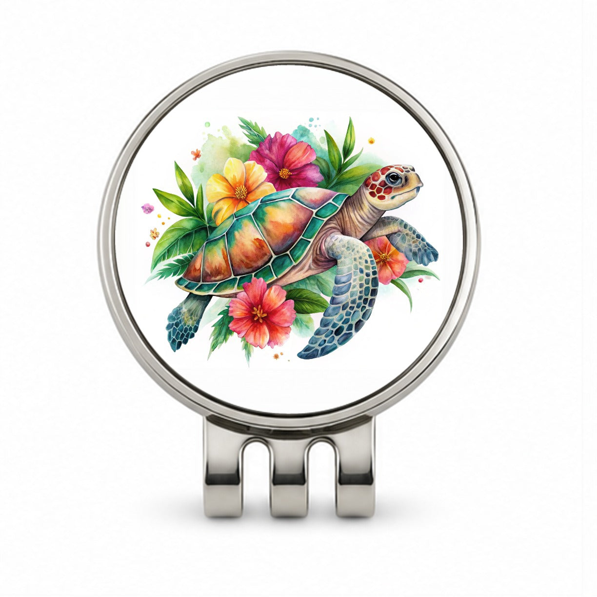 Tropical Sea Turtle Hibiscus Floral Watercolor Golf Hat Clip with Ball Marker