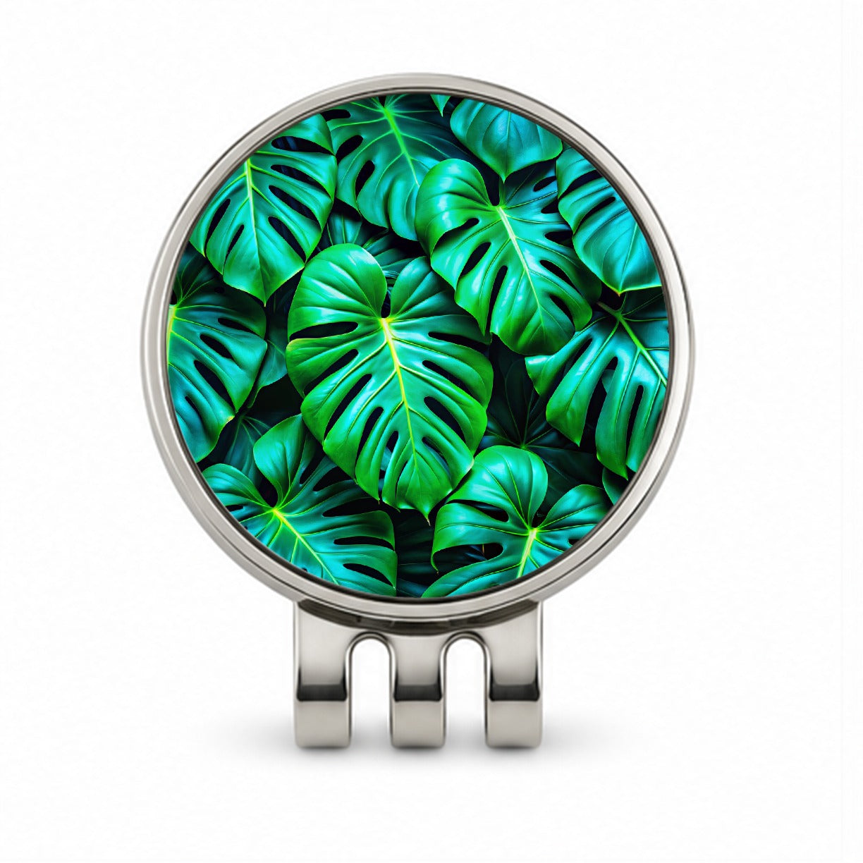 Vibrant Neon Green Monstera Leaves Golf Hat Clip with Ball Marker