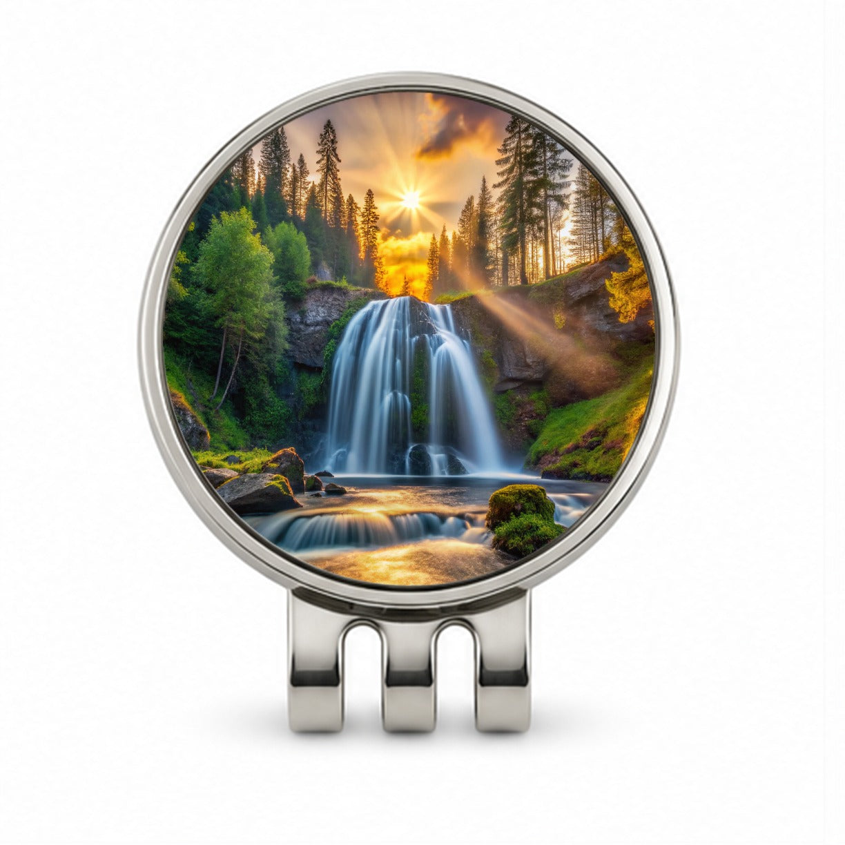 Waterfall In The Forest At Sunset Golf Hat Clip with Ball Marker