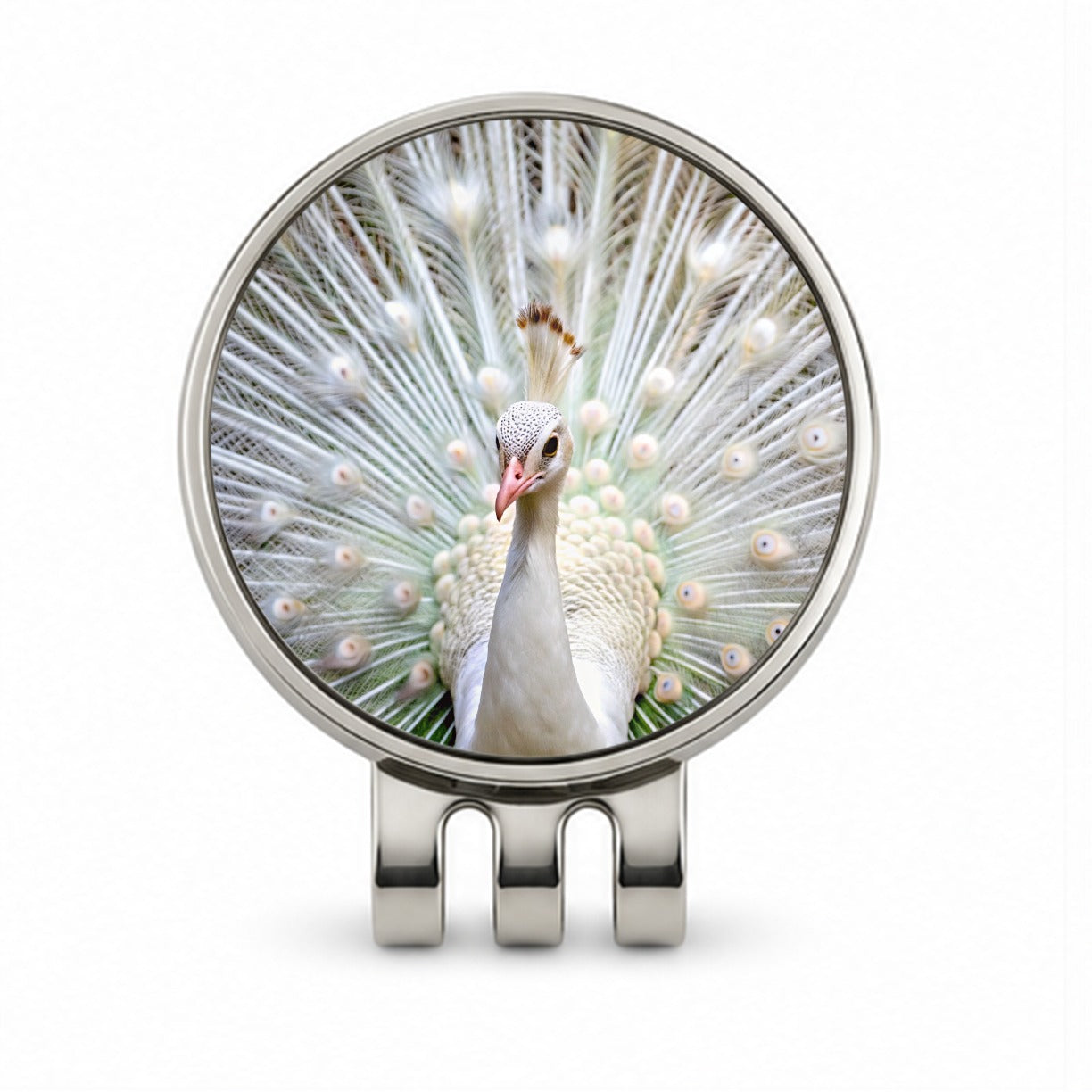 White Peacock Golf Hat Clip with Ball Marker