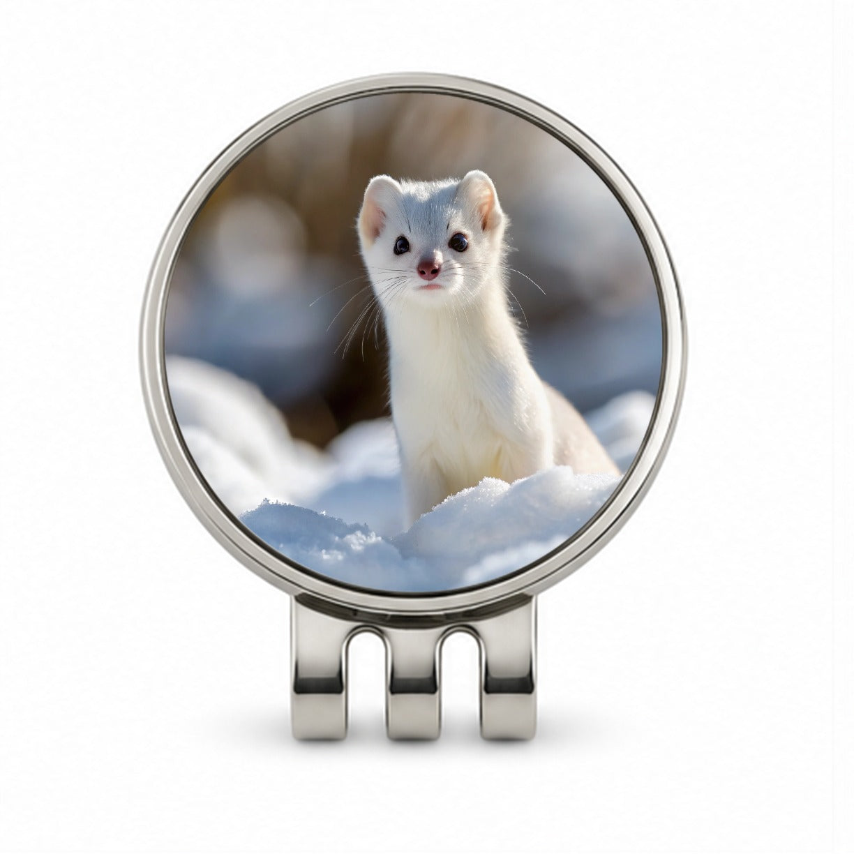 White Stoat Ermine In Snow Golf Hat Clip with Ball Marker